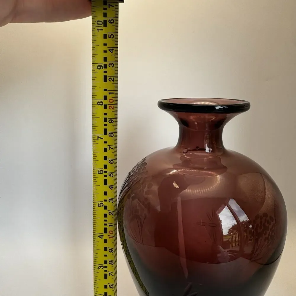 Hand Blown Ruby‎ Red Vase Etched Trees & Dragonfly 8”